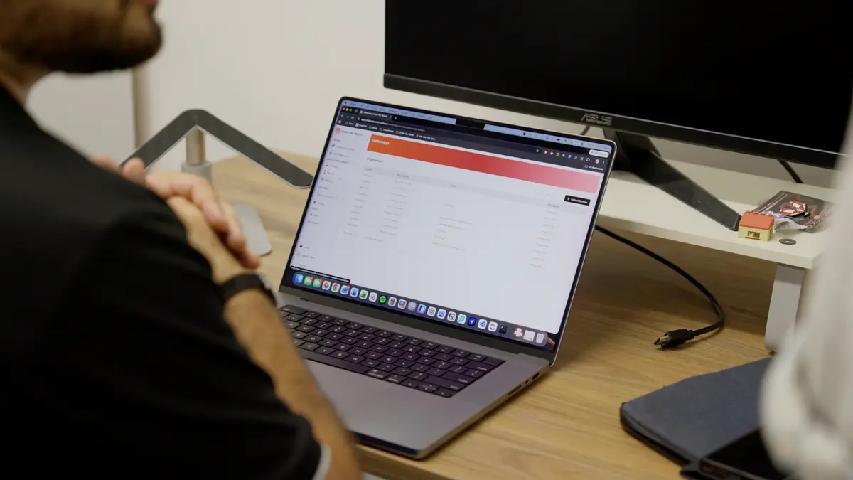Laptop on a desk showing a product